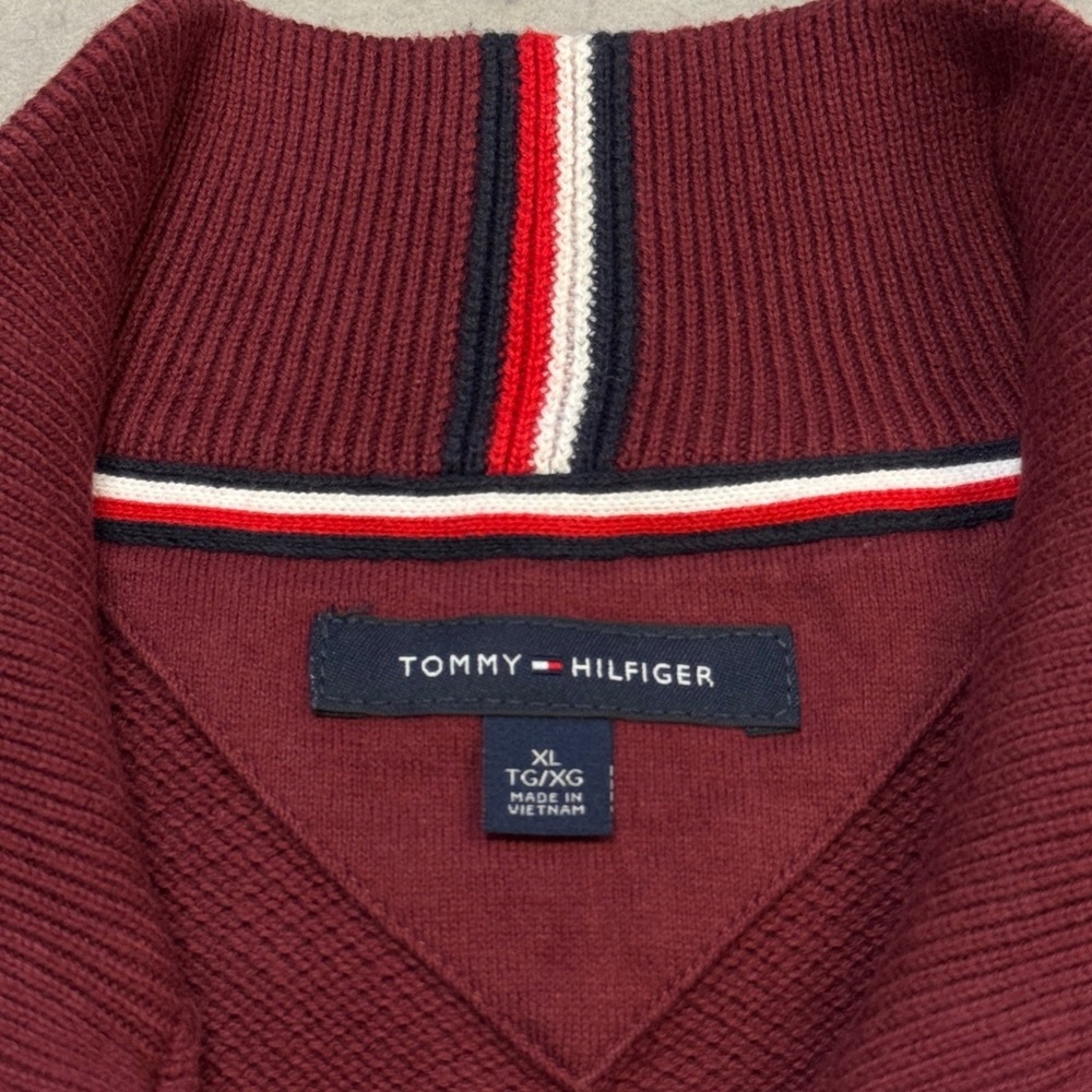Tommy Hilfiger Quarter Zip Sweater Mens XL Burgundy Waffle Knit 78J1687 Academia - Picture 2 of 11